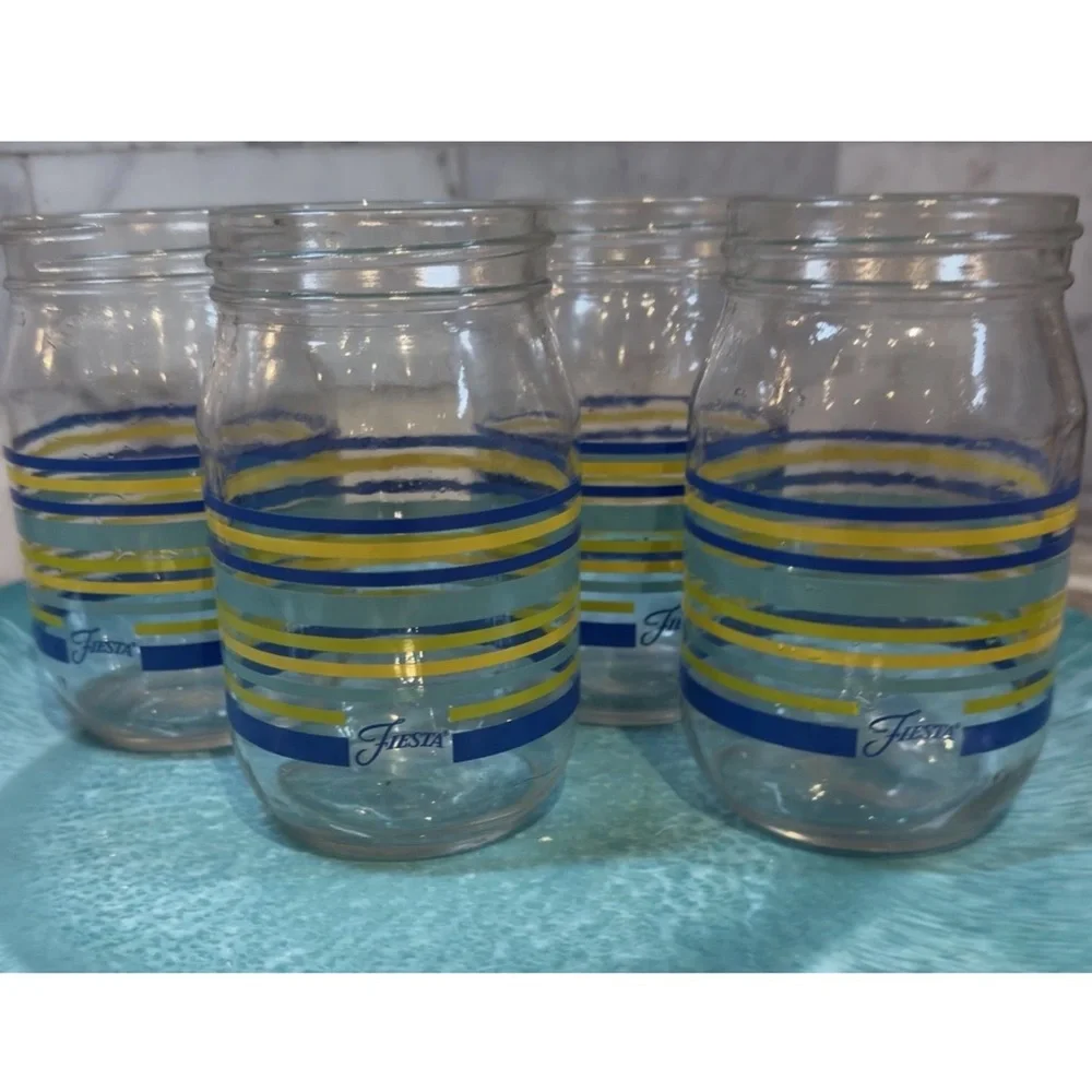 Fiesta Stripes Mason Jar Drinking Glasses Blue Yellow Aqua Fiesta Logo Set of 4